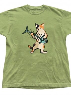 Cute Calico Cat Fish Skeleton Graphic Tee Green Gildan T-Shirt